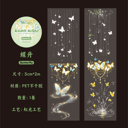 Retrostory Rainy Night Series Laser Tape Stickers with Silver White Die-Cut Pet Tape for Journaling and Ins Material Stickers