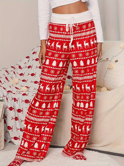Cross-border Christmas Trousers for Christmas Performance High Waist Lace-up Stitching Elk Christmas Tree Printed Red Trousers