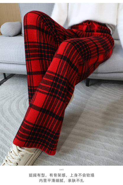 24 Autumn and Winter New High Waist All-match Casual Wide-leg Pants Women's Straight Loose Plaid Trousers 100 Wool Thickened