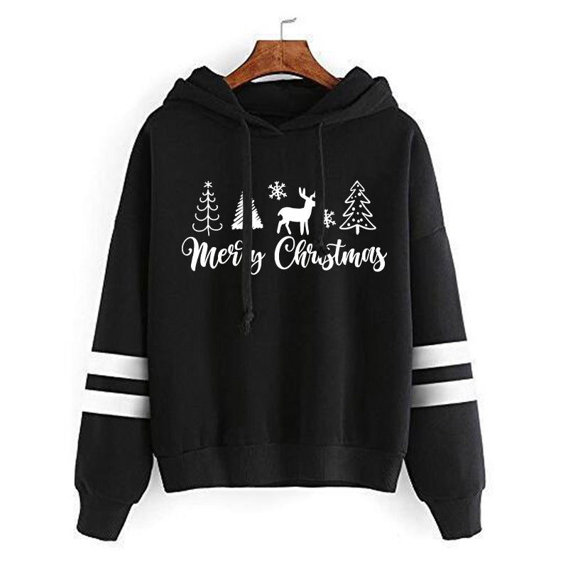 Christmas Tree Merry Christmas Print Parallel Bars Hooded Striped Sweatshirt European-Size plus size Men's and Women's Jacket