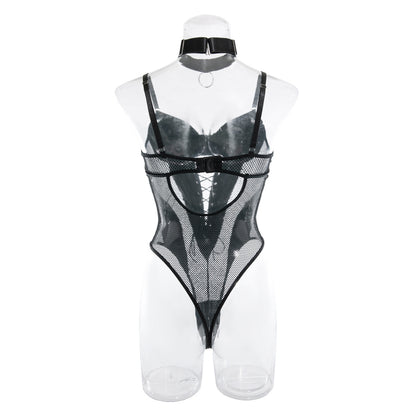 Europe and the United States cross-border supply nightclub hot girl PU leather mesh stitching strap waist backless sexy jumpsuit women's in stock