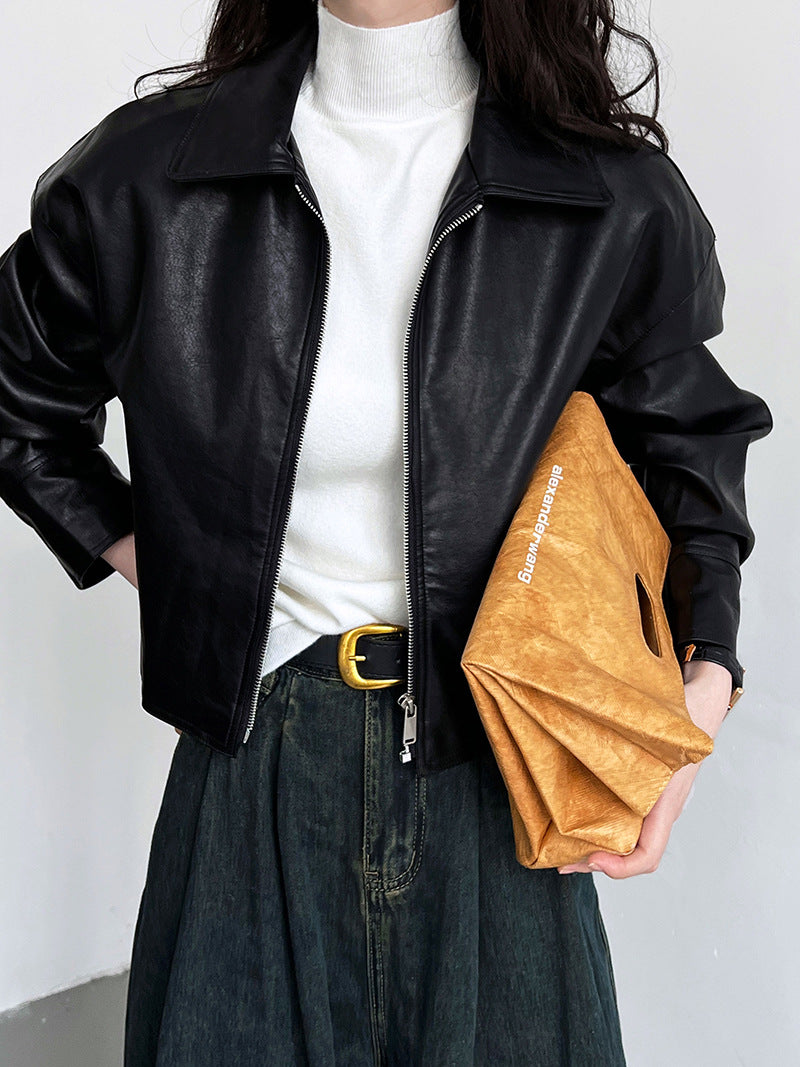 cool handsome high sense ~ lapel leather coat women's spring and autumn Hong Kong style PU leather jacket motorcycle top trendy 9595