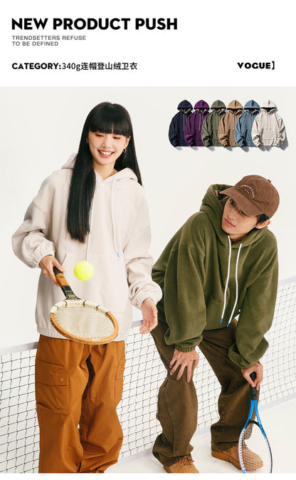 Black Fleet American Casual Style Unisex Versatile Hooded Warm Top Couple Style Hiking Fleece Solid Color Sweatshirt