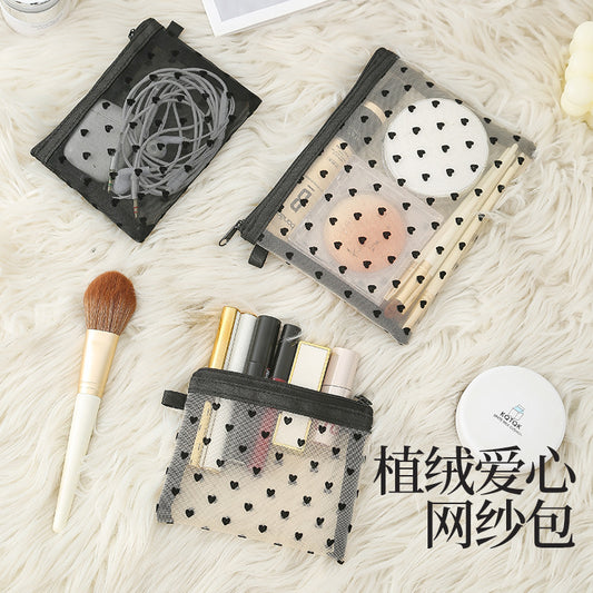 Bei Lian small size mesh cosmetic bag portable flocking cosmetic storage bag love fashion lipstick storage bag wholesale