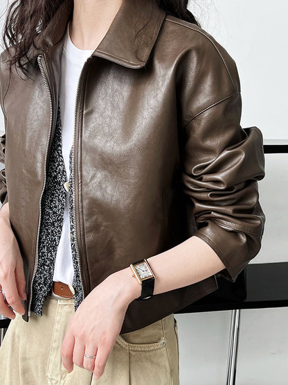 cool handsome high sense ~ lapel leather coat women's spring and autumn Hong Kong style PU leather jacket motorcycle top trendy 9595