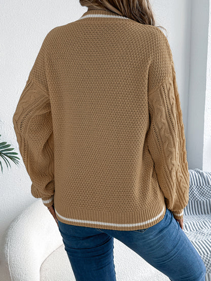 2025 New Autumn and Winter European and American Preppy Style Color-Blocked V Neck Twist Lantern Long-Sleeved Sweater Amazon Cross-Border Women's Clothing