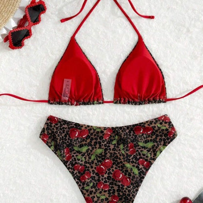 Amazon New Split Swimsuit Women Sexy Red Leopard Cherry Print European and American Bikini Foreign Trade Swimsuit