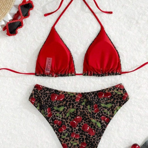 Amazon New Split Swimsuit Women Sexy Red Leopard Cherry Print European and American Bikini Foreign Trade Swimsuit