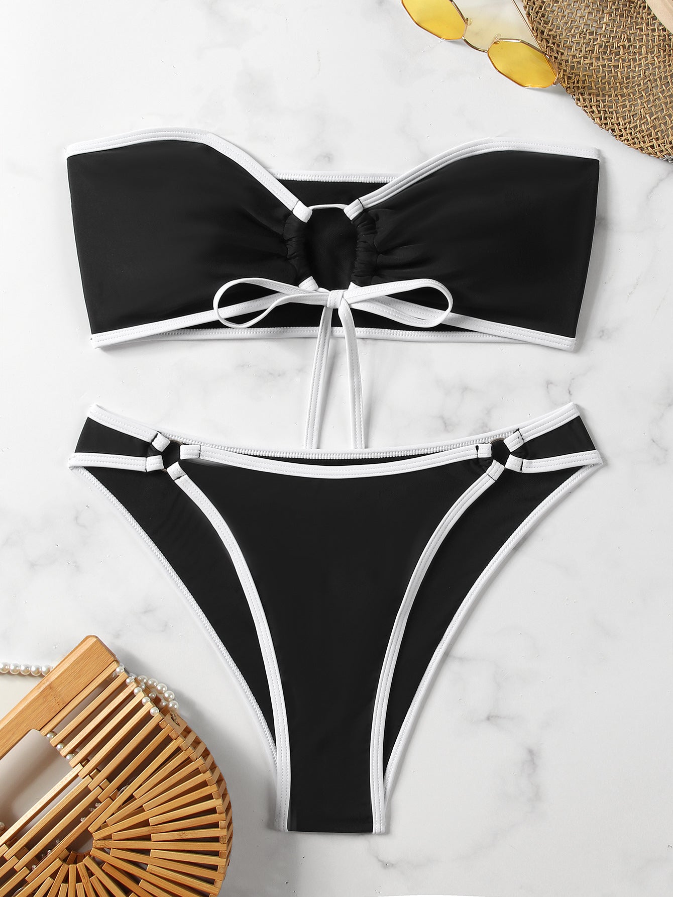 European and American Style Sexy Bandeau Bikini Swimsuit for Women, Solid Color with Chest Pads, Simple Cross-Border Two-Piece Swimsuit