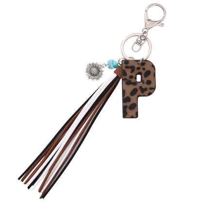 New Western Denim Style Leopard Oil-trimmed Leather Letter A Korean Velvet Tassel Combination Keychain Pendant Bag