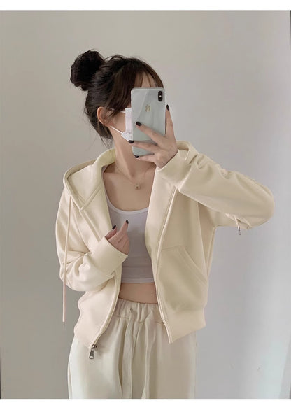 Early Spring Short Hooded Sweatshirt Jacket for Petite Women, Spring Outfit 2026 New Style, Regular Shoulder Cardigan for Spring and Autumn
