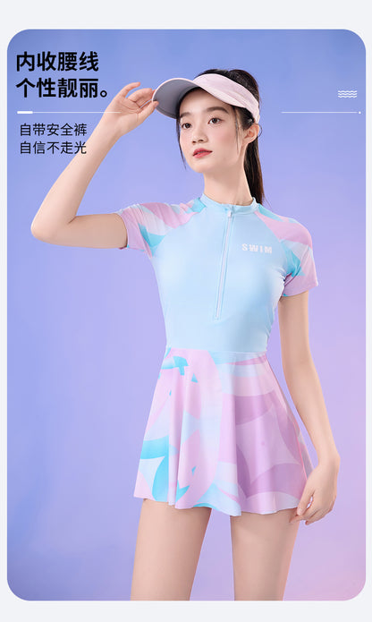 New Small Floral Swimsuit Seaside Beach Holiday One-piece Swim Skirt Split Safety Trunks Swimsuit with Chest Pad suit
