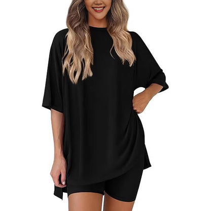 Cross-border foreign trade Amazon 2025 new women's casual round neck split loose shorts short sleeve home clothes suit