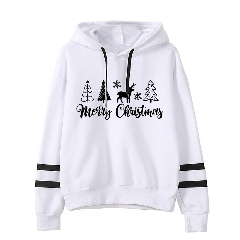 Christmas Tree Merry Christmas Print Parallel Bars Hooded Striped Sweatshirt European-Size plus size Men's and Women's Jacket