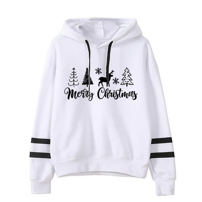 Christmas Tree Merry Christmas Print Parallel Bars Hooded Striped Sweatshirt European-Size plus size Men's and Women's Jacket