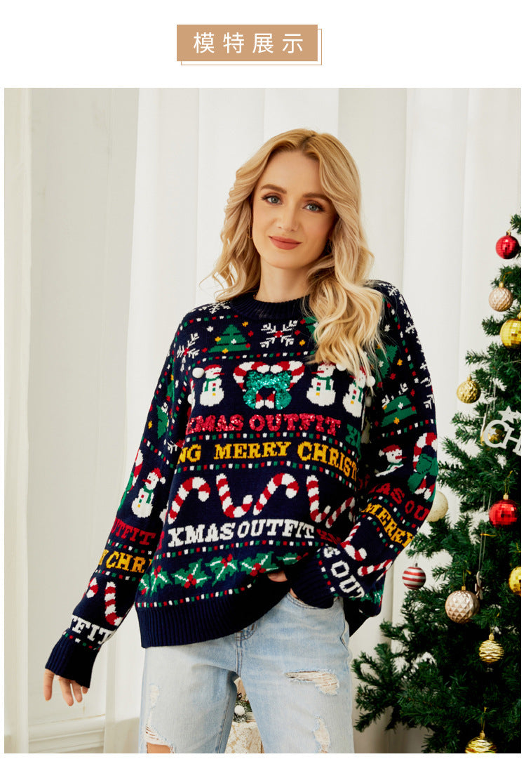 Foreign Trade Amazon Europe and America Loose Knitwear Autumn and Winter Christmas Tree Crewneck Sweater Snowman Sequins Christmas Sweater