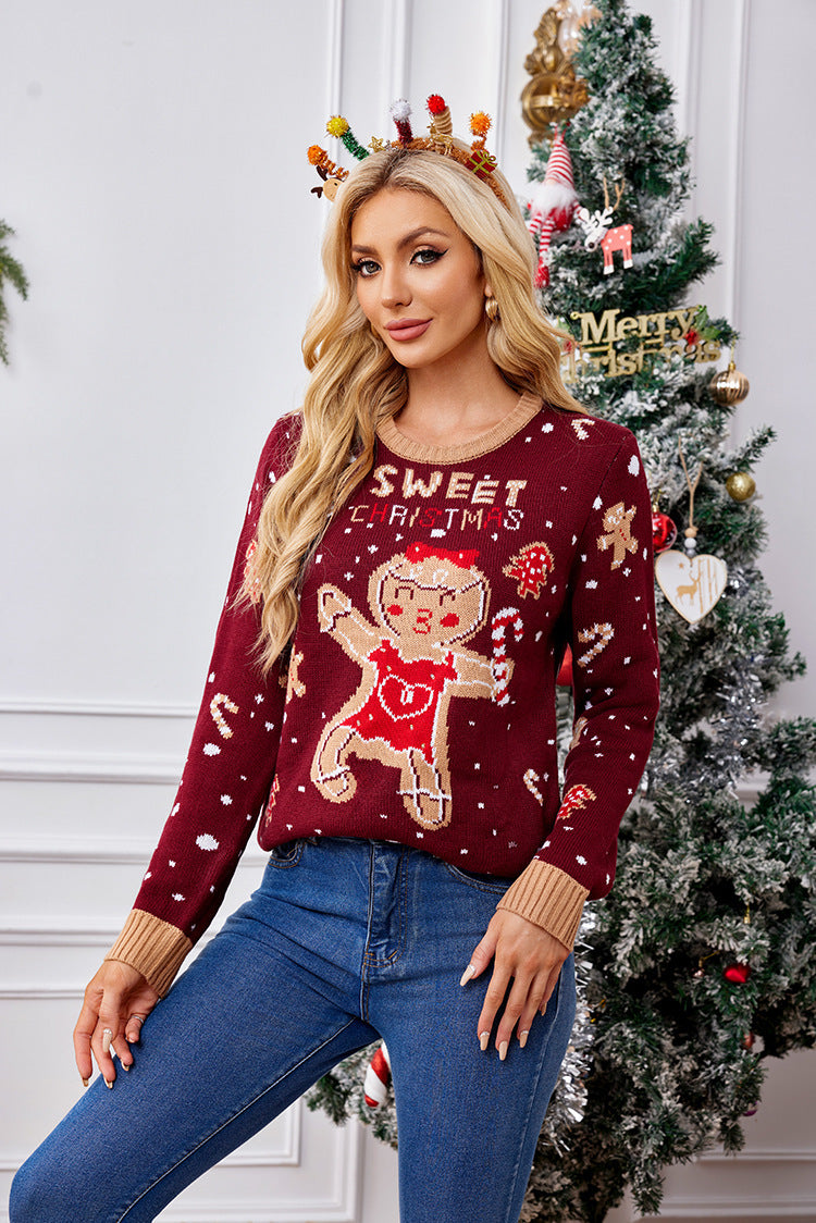 Foreign Trade Amazon Casual Christmas Sweater Women's Autumn and Winter sweater Gingerbread Man Pattern Long Sleeve Pullover Sweater