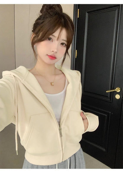 Early Spring Short Hooded Sweatshirt Jacket for Petite Women, Spring Outfit 2026 New Style, Regular Shoulder Cardigan for Spring and Autumn