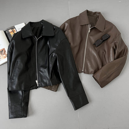 cool handsome high sense ~ lapel leather coat women's spring and autumn Hong Kong style PU leather jacket motorcycle top trendy 9595