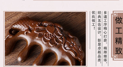 Golden silk sandalwood lotus fish carved massage comb scalp head massage wide tooth comb small comb solid wood comb meridian comb