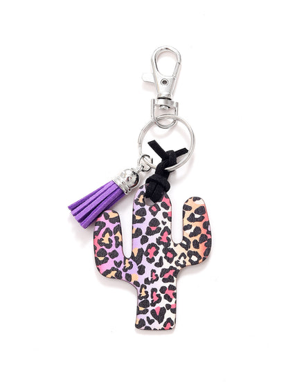 New Wooden Cactus Keychain Leopard Flower Rainbow Sunflower Striped Printed Bag Car Pendant