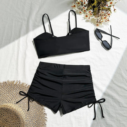 2025 European and American New Pure Color Split Conservative Boxer Briefs Chest Mid-Pants Side Drawstring Swimsuit Swimsuit Cross-Border Temu