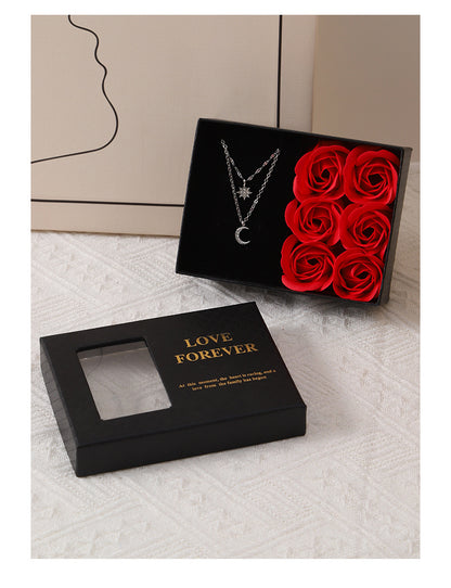 Valentine's Day Window Opening Jewelry Box Heart Four-leaf Clover Pendant Gift Packaging Box Bag Romantic 6 Rose Box