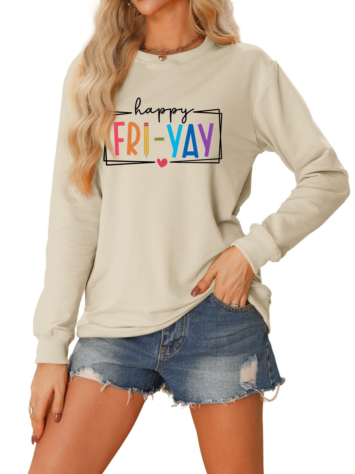 Amazon Ebay Round Neck Sweatshirt Happy Fri Yay Fun Letters Casual Fashion Long-Sleeved Tops in Stock