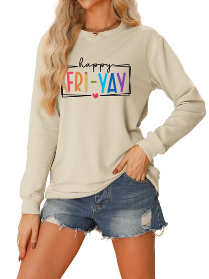 Amazon Ebay Round Neck Sweatshirt Happy Fri Yay Fun Letters Casual Fashion Long-Sleeved Tops in Stock