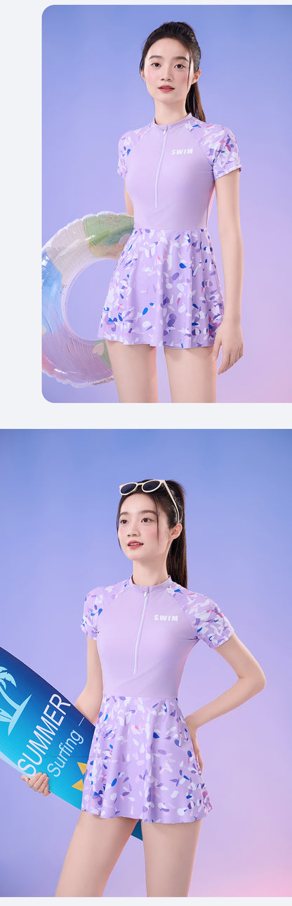 New Small Floral Swimsuit Seaside Beach Holiday One-piece Swim Skirt Split Safety Trunks Swimsuit with Chest Pad suit
