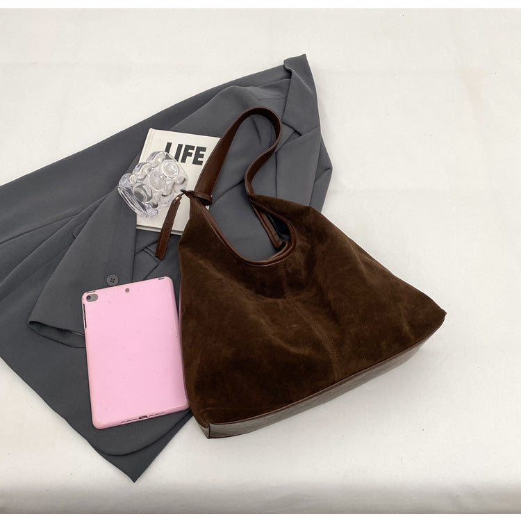 New Suede Shoulder Tote Bag, Fashionable, Simple, Lazy Style, Large Capacity Women's Handbag, Bucket Bag, Mommy Bag