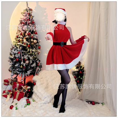 Crisp Christmas theme clothing sexy halter suit skirt dress uniform passion red Christmas battle gown