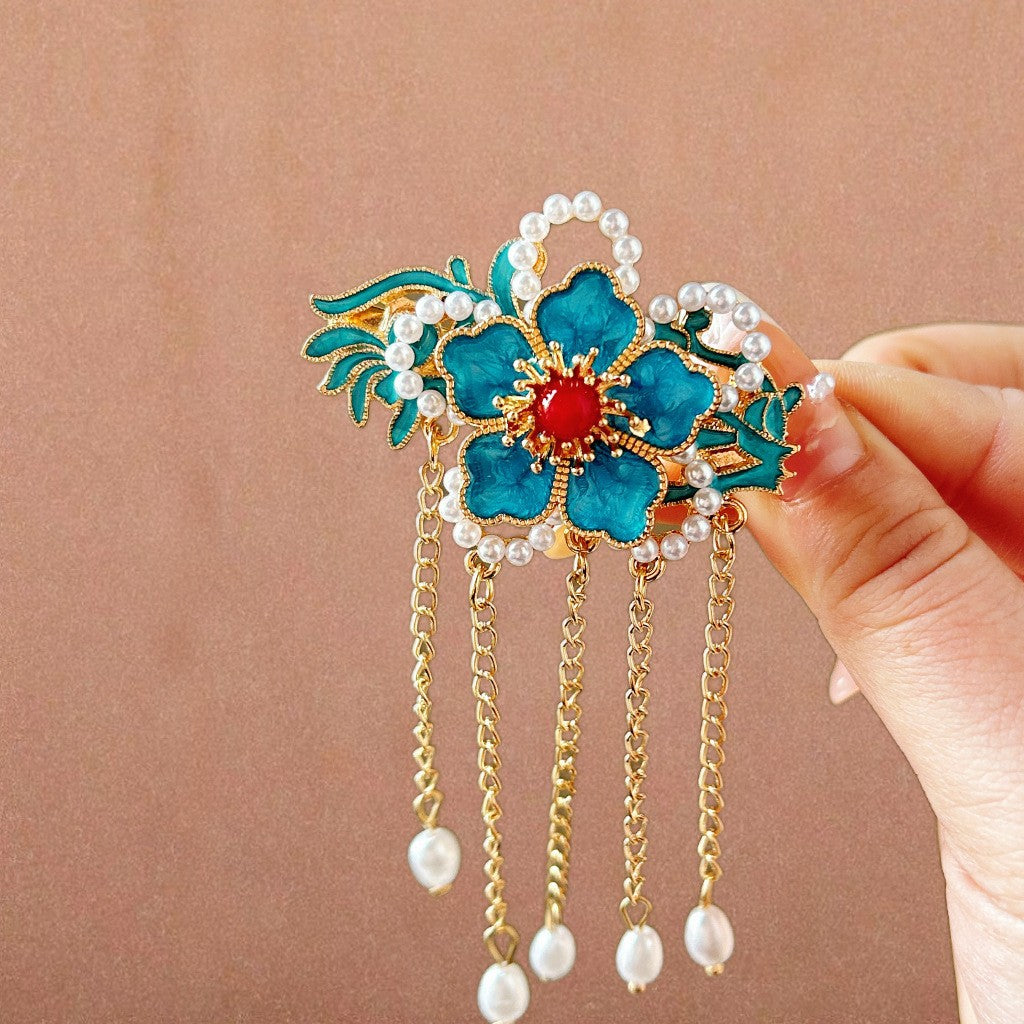 Antique Style Burned Blue Cloud Pearl Hairpin New Chinese Tassel Side Clip Advanced Sense Clip Hair Accessories Headwear Hair Clip