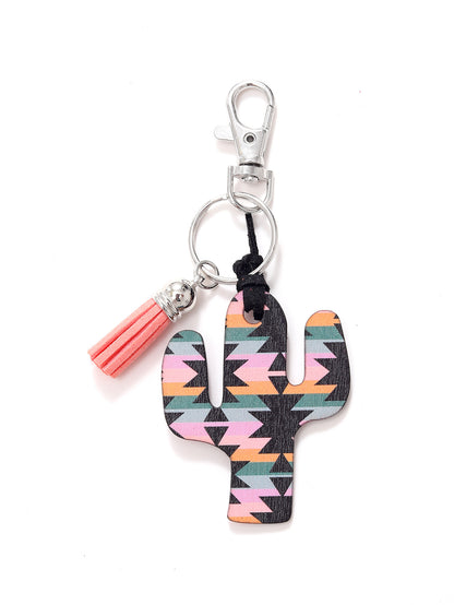 New Wooden Cactus Keychain Leopard Flower Rainbow Sunflower Striped Printed Bag Car Pendant