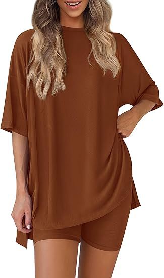 Cross-border foreign trade Amazon 2025 new women's casual round neck split loose shorts short sleeve home clothes suit