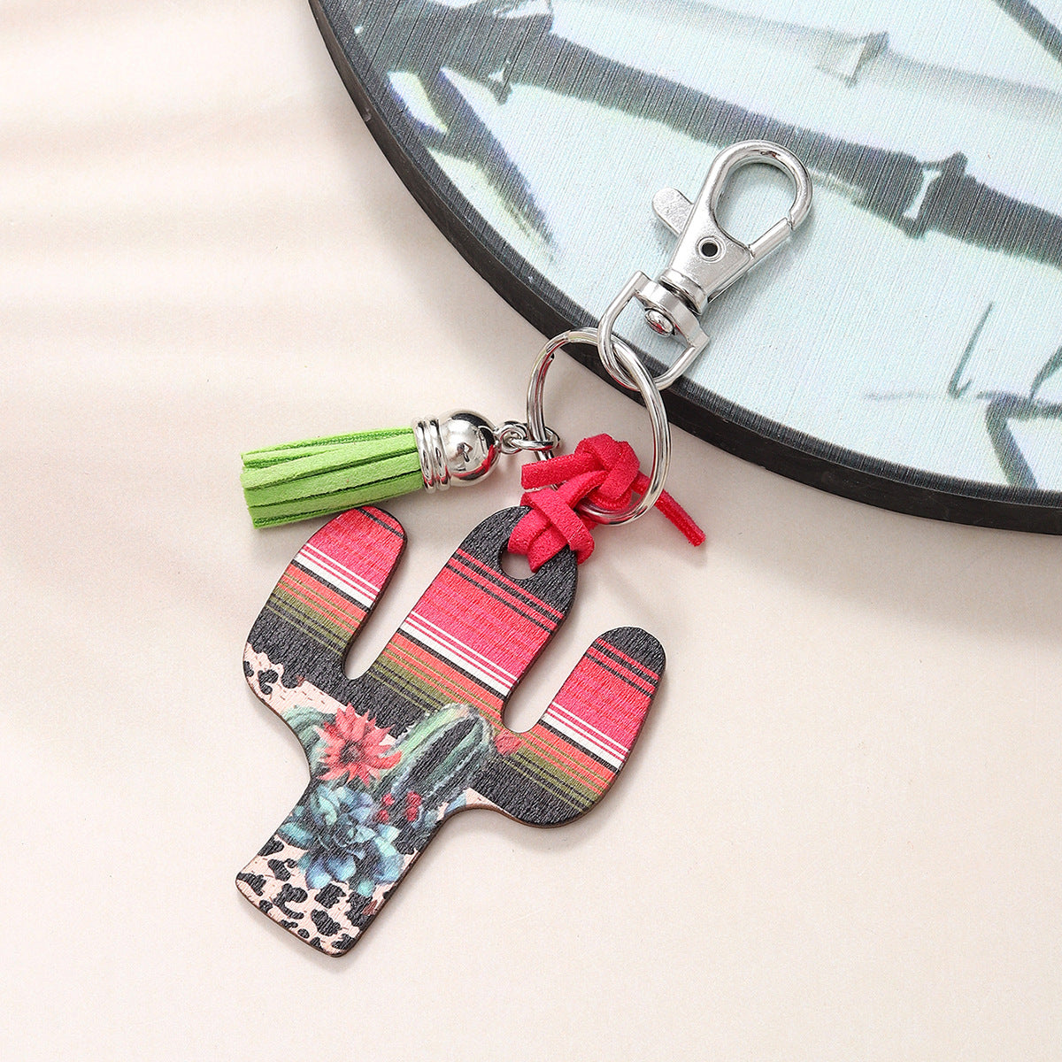 New Wooden Cactus Keychain Leopard Flower Rainbow Sunflower Striped Printed Bag Car Pendant