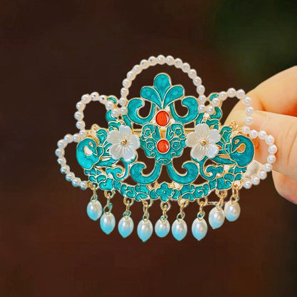 Antique Style Burned Blue Cloud Pearl Hairpin New Chinese Tassel Side Clip Advanced Sense Clip Hair Accessories Headwear Hair Clip