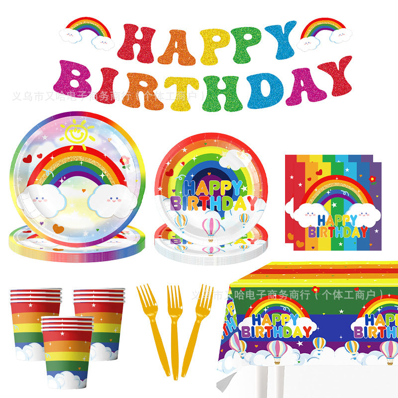 Cross-border Rainbow Party Paper Plate Paper Towel Tablecloth Neon Party Tableware suit Rainbow Birthday Party Decorations