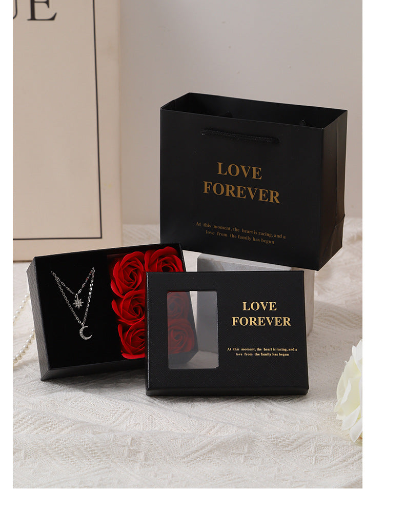 Valentine's Day Window Opening Jewelry Box Heart Four-leaf Clover Pendant Gift Packaging Box Bag Romantic 6 Rose Box