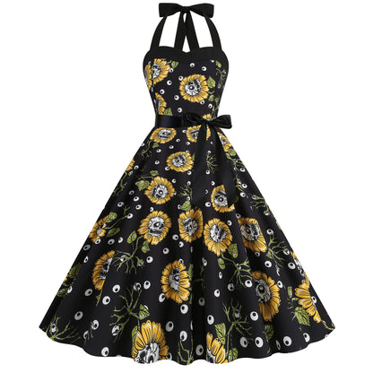 Factory direct supply 2024 Halloween new Hepburn style high waist slim hanging neck large swing long retro dress