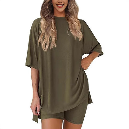 Cross-border foreign trade Amazon 2025 new women's casual round neck split loose shorts short sleeve home clothes suit