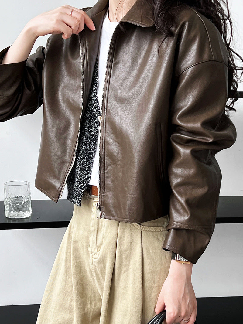 cool handsome high sense ~ lapel leather coat women's spring and autumn Hong Kong style PU leather jacket motorcycle top trendy 9595