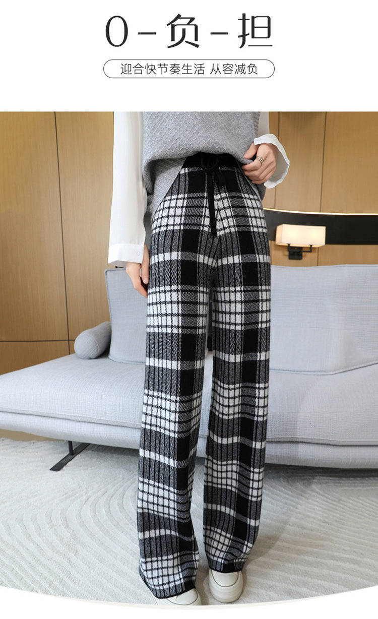 24 Autumn and Winter New High Waist All-match Casual Wide-leg Pants Women's Straight Loose Plaid Trousers 100 Wool Thickened