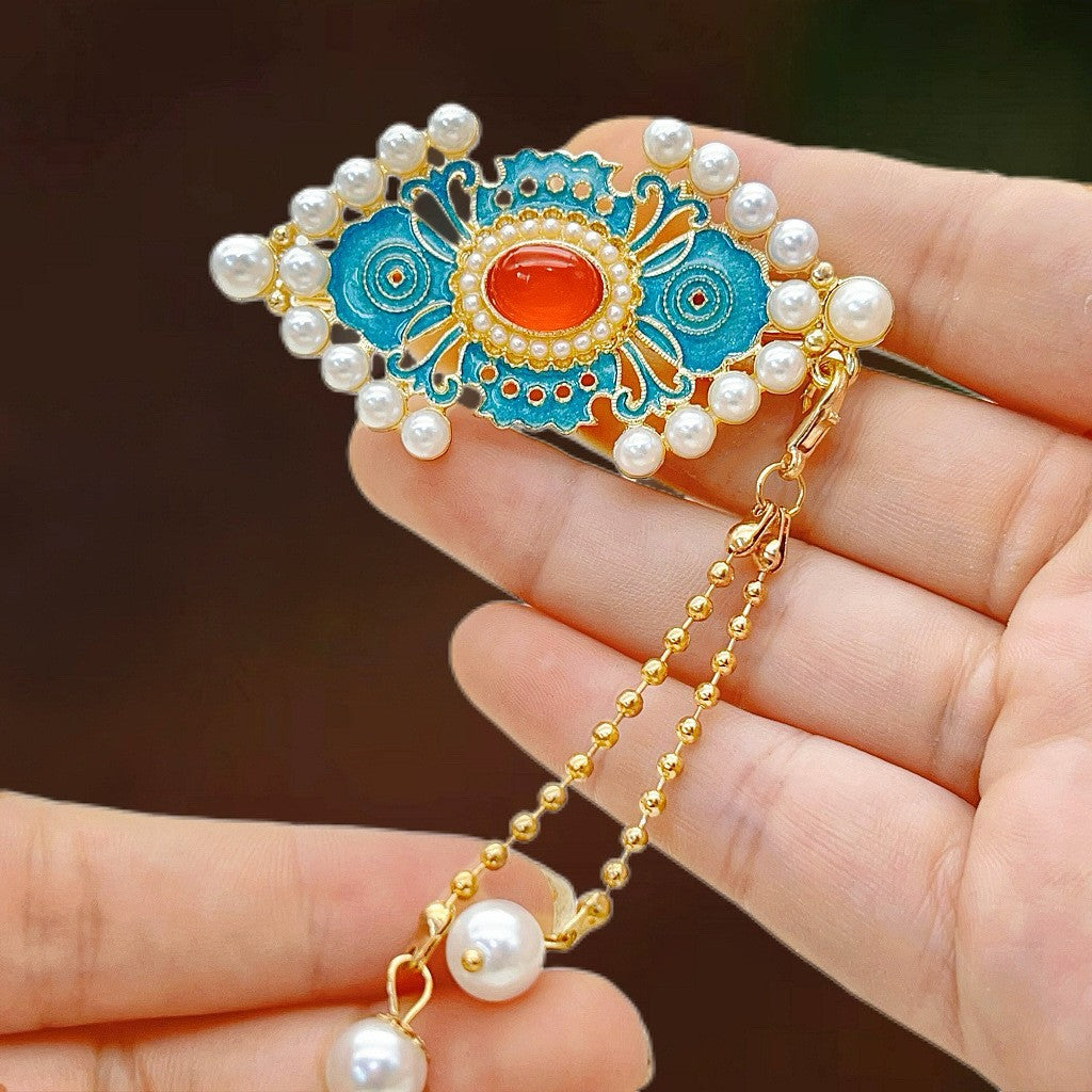 Antique Style Burned Blue Cloud Pearl Hairpin New Chinese Tassel Side Clip Advanced Sense Clip Hair Accessories Headwear Hair Clip