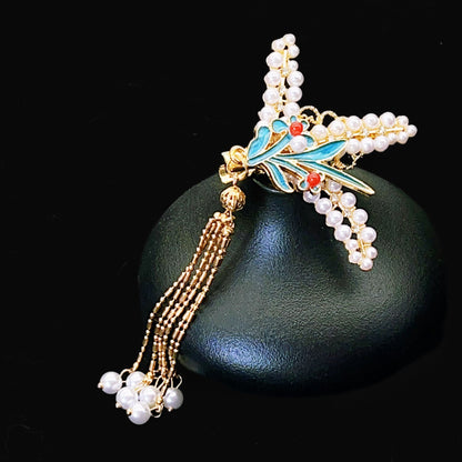 Antique Style Burned Blue Cloud Pearl Hairpin New Chinese Tassel Side Clip Advanced Sense Clip Hair Accessories Headwear Hair Clip