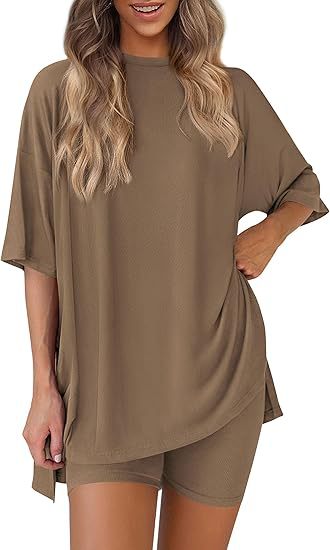 Cross-border foreign trade Amazon 2025 new women's casual round neck split loose shorts short sleeve home clothes suit