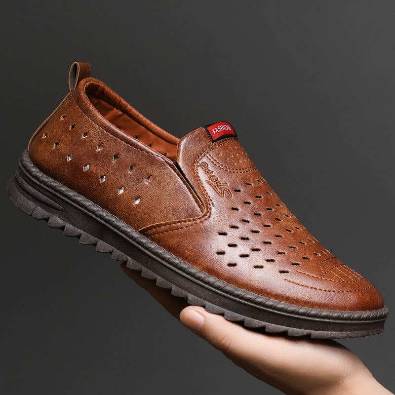 Hollow-Out Leather Shoes for Men, Summer Breathable Soft Leather Low-Top Business Casual Versatile Slip-On Perforated Dad Shoes