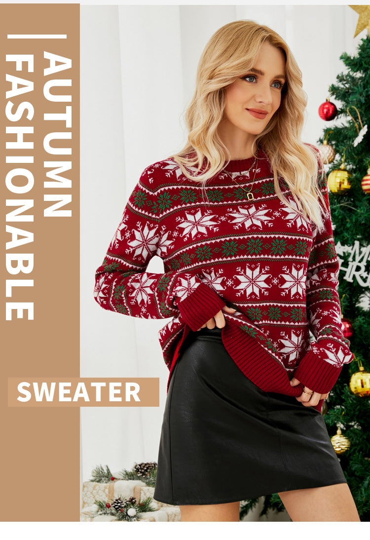 2023 Amazon European and American Crewneck Christmas Red Knitted Shirt Christmas Long Sleeve Little Snowflake Christmas Sweater
