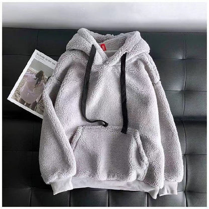 Imitation Lamb Wool Sweatshirt, Winter Season, Women's Korean Style, Simple Couple's Outfit, Unisex, Fleece-Lined, Thickened, Hooded, Loose Top