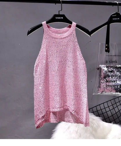 All-Match Summer New Sexy Shoulder Hanging Halter Sequin Strap Ware Shoulder Flash Knitted Hollow Vest Top for Women